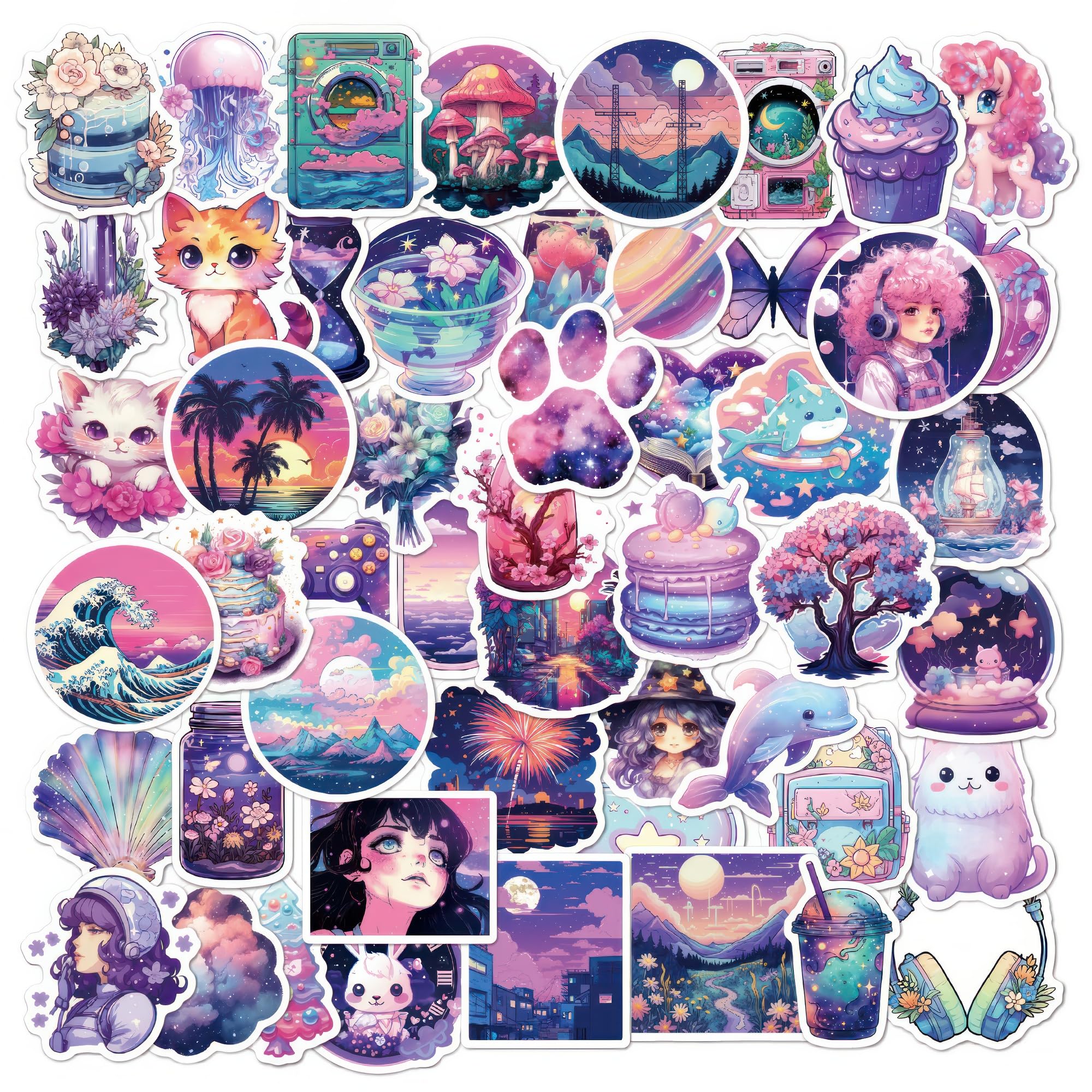 50 Midnight Magic Fantasy Stickers - Kawaii Water Bottle Stickers for Kids & Teens - Purple, Aesthetic & Cute - Laptops, Journals, Mirrors & Nature -