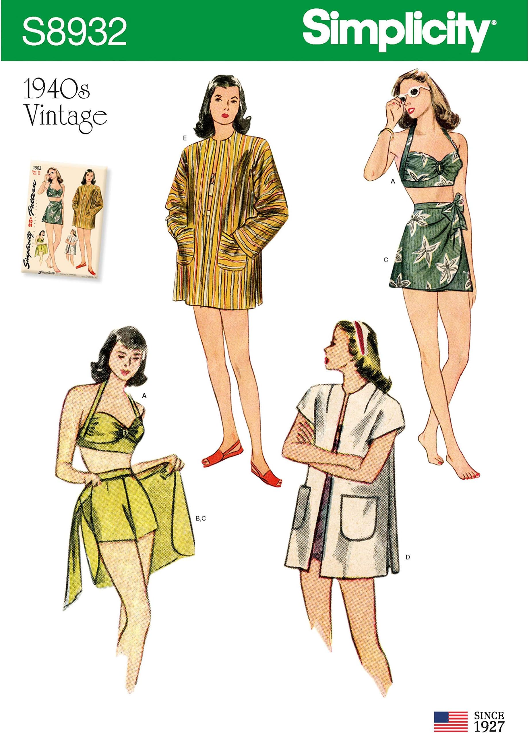 Simplicity Sewing Pattern S8932 Misses' Vintage Bikini Top, Shorts, Wrap, Skirt and Coat, Paper, White, Various