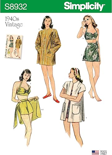 Simplicity Patrón de costura S8932 D5 Misses' Vintage Bikini Top, pantalones cortos, envoltura, falda y abrigo, talla 4-12