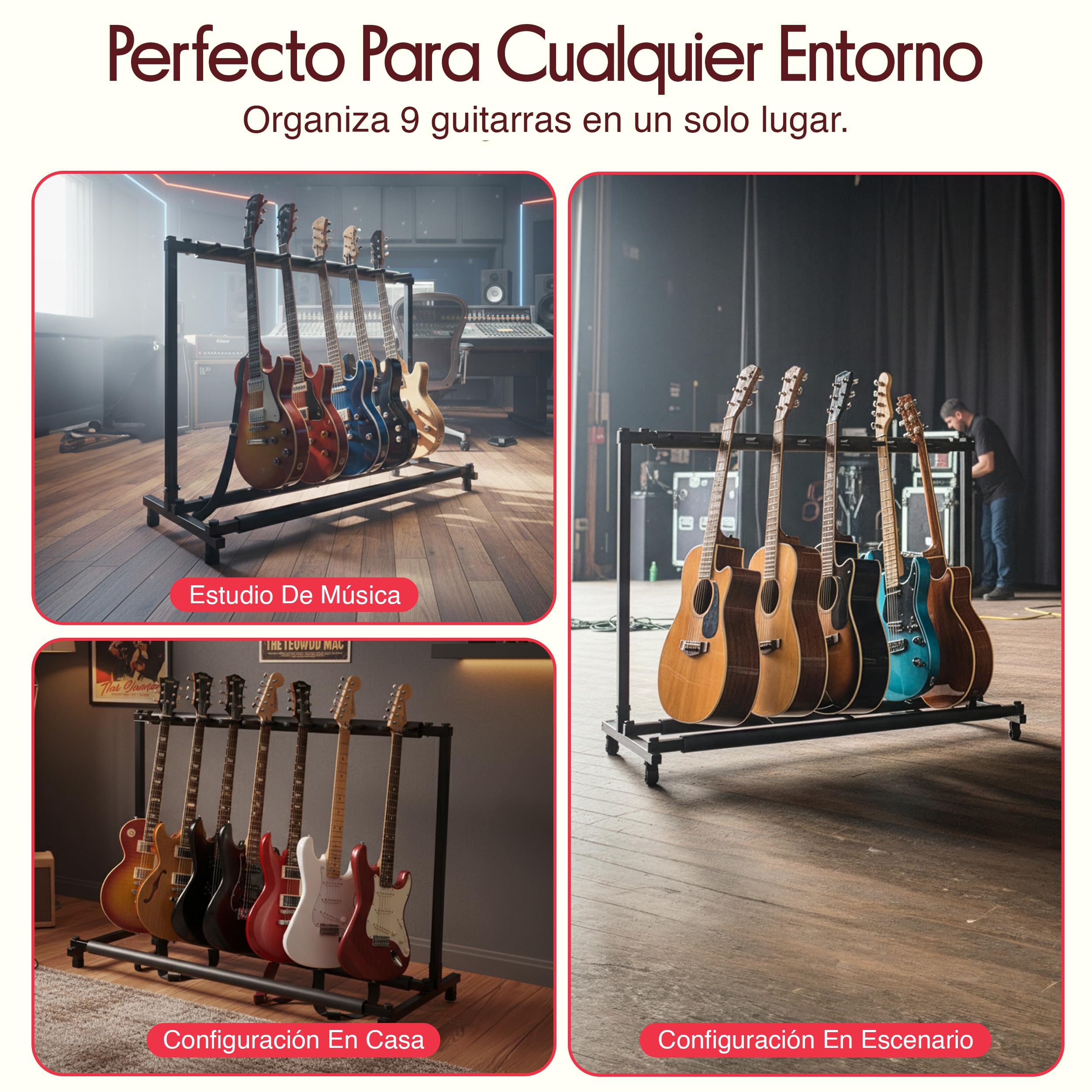 Pyle soporte para guitarras, 9 compartimientos, Portatil y plegable, Con acolchado de espuma, Ideal para acusticas, electricas y bajos