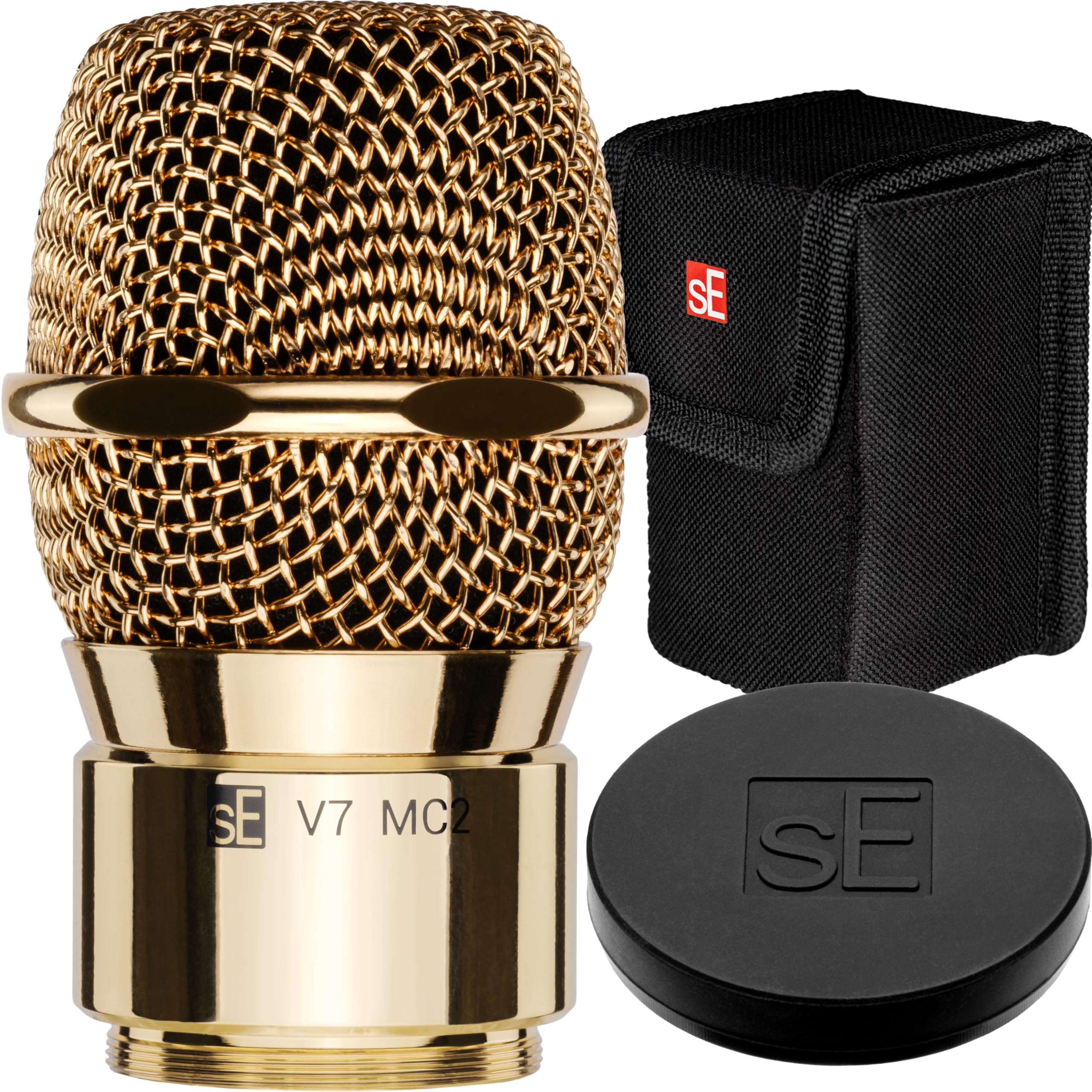 SE ELECTRONICS V7 MC2 Wireless Microphone Capsule - Compatible with Sennheiser Wireless Transmitters - Professional Dynamic Microphone for Singing, Speech &amp; Music Studio Recording (Gold w MP03 Pouch)