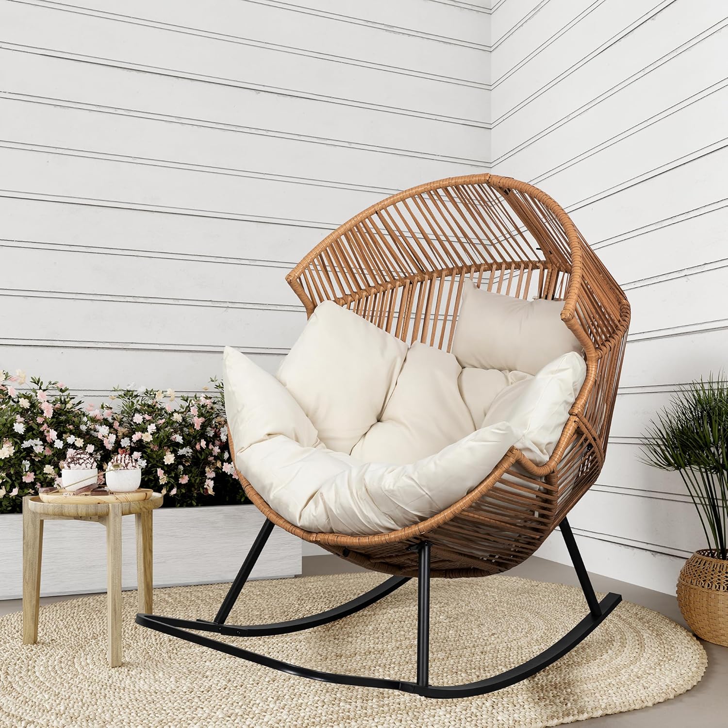 Shintenchi Wicker Egg Chair,Oversized Outdoor Indoor Rocking Chair,Large PE Rattan Rocking Chair with Cushion for Patio, Balcony, Backyard, Garden, Beige Shintenchi Wicker Egg Chair,Oversized Outdoor Indoor Rocking Chair,Large PE Rattan Rocking Chair with Cushion for Patio, Balcony, Backyard, Garden, Beige