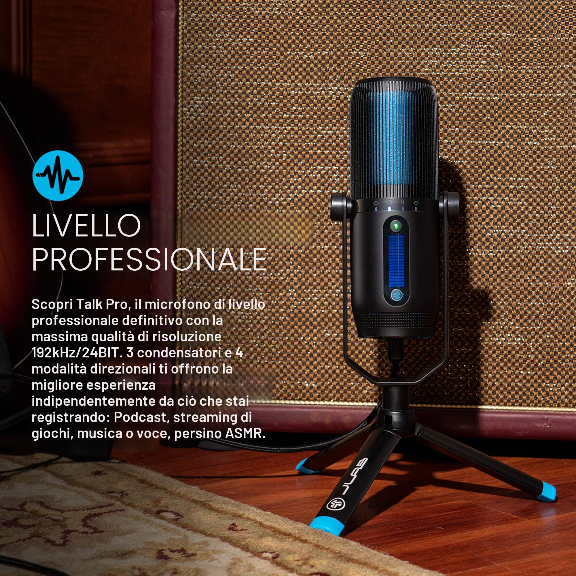 JLab Audio Talk PRO Microfono USB Plug and Play, Microfono per PC Portatile con Controllo Volume e Quick Mute - Microfono a Condensatore Professionale per Streaming, Podcasting e Gaming