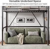 Vista 4 de Cama elevada de metal tamaño individual, cama elevada con cajón lateral, escalera convertible y barandillas de seguridad de longitud completa