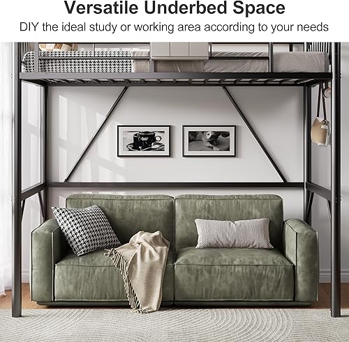 Miniatura 4 de Cama elevada de metal tamaño individual, cama elevada con cajón lateral, escalera convertible y barandillas de seguridad de longitud completa,