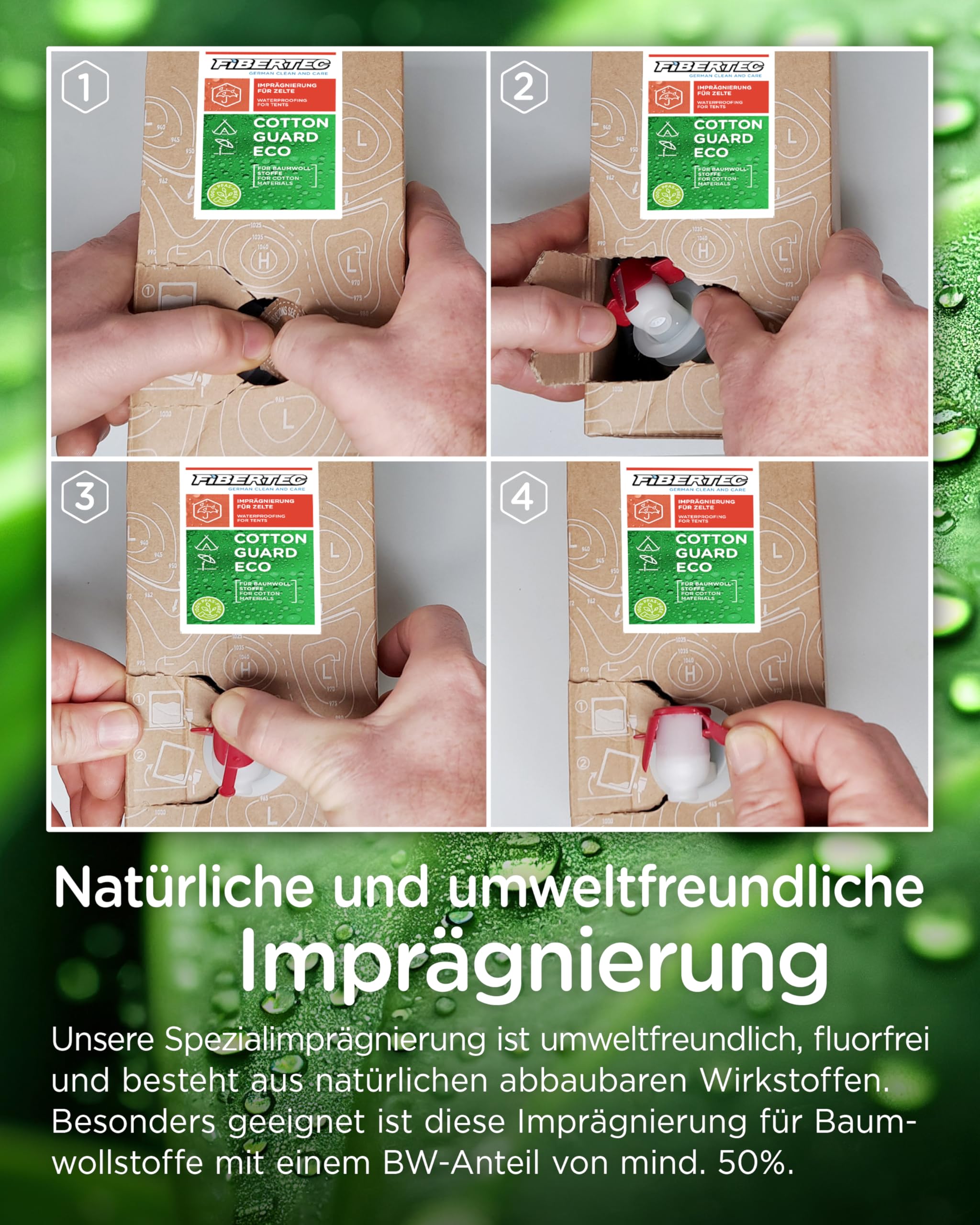FIBERTEC Cotton Guard Imprägnierung für Baumwolle & Mischgewebe | Stark wasserabweisend. Für Baumwolle, Mischgewebe und Zelte. Wasserbasiert, ohne Mikroplastik, Made in Germany.