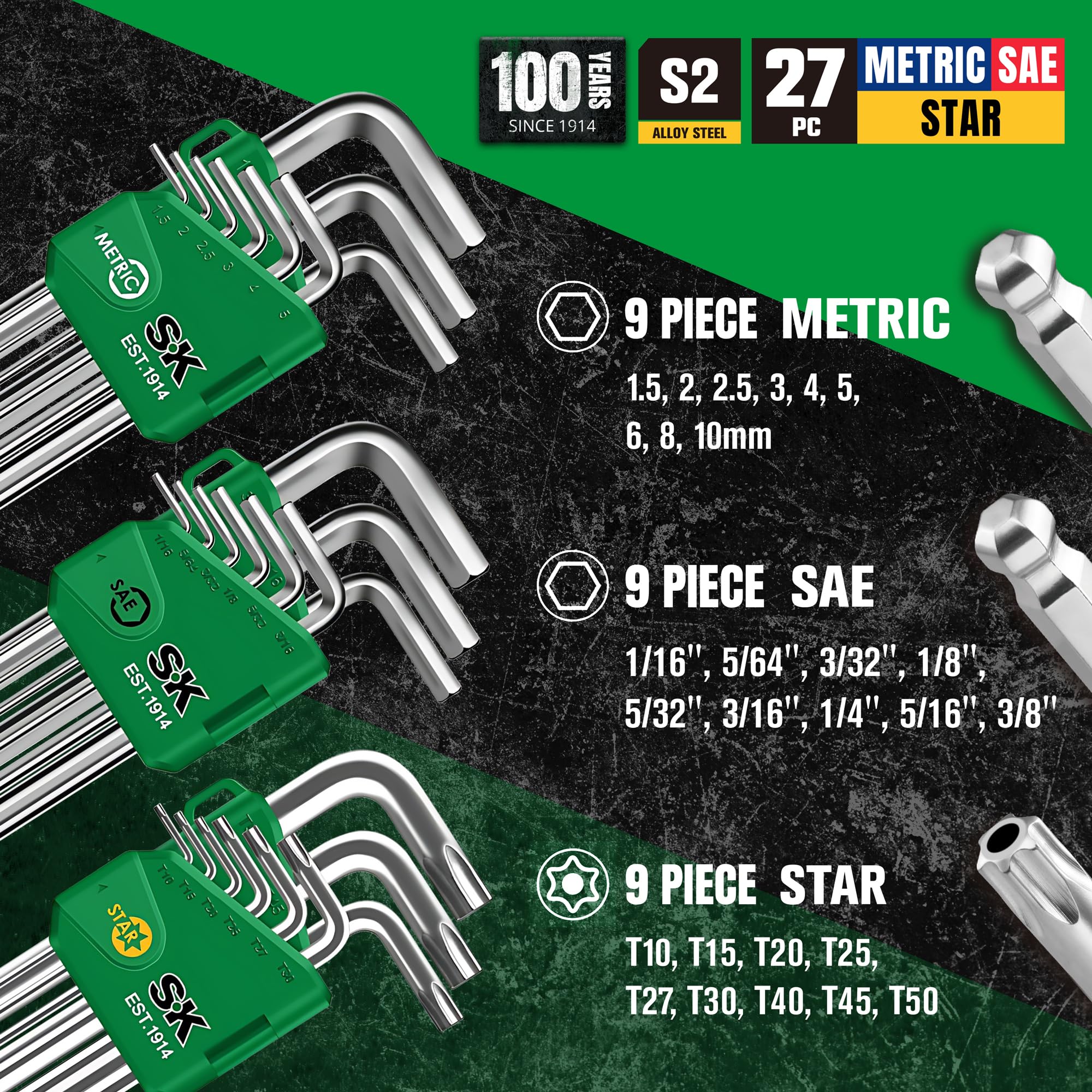 SK 27-teiliger Inbusschlüsselsatz metrisch/SAE/Star Klappbarer Sechskantschlüsselsatz L-Form S2 Stahl