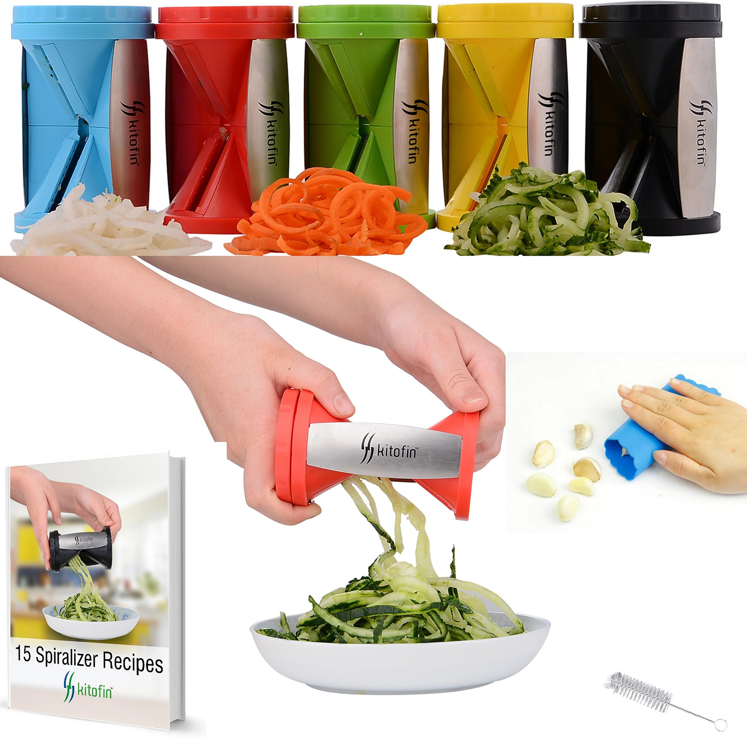 Vegetable Spiral Slicer Spiralizer - Carrot Cucumber Zucchini Pasta Noodles Spaghetti Maker - Vegetable Peeler Cutter - Includes Garlic Peeler - Cleaning Brush - Recipes E-book.