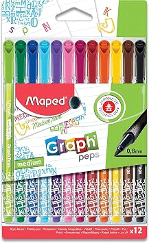 Maped - GraphPeps Medium Tipped 0.8mm Fine Line Triangular Felt Pens - 12 Pack - Writing and Drawing - Versatile 0.8mm Tip - Comfortable Grip, Vibrant Colors, Non-Bleeding Ink, Reusable Pouch
