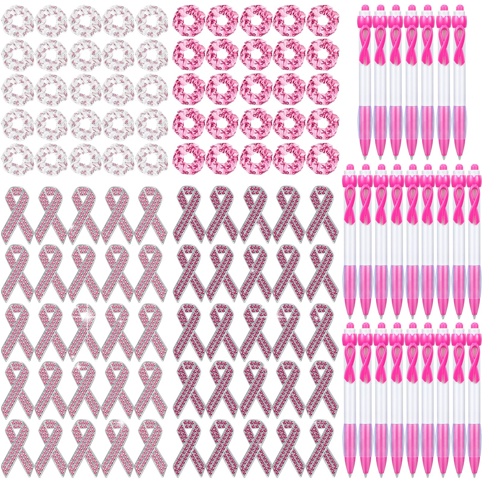 Lincia 150 Pcs Breast Cancer Awareness Accessories Include 50 Rose Red Pink Rhinestone Ribbon Pins 50 Hair Scrunchies 50 Ballpoint Pens for Women Girls Survivors Support Public Events Bulk Items Stuff