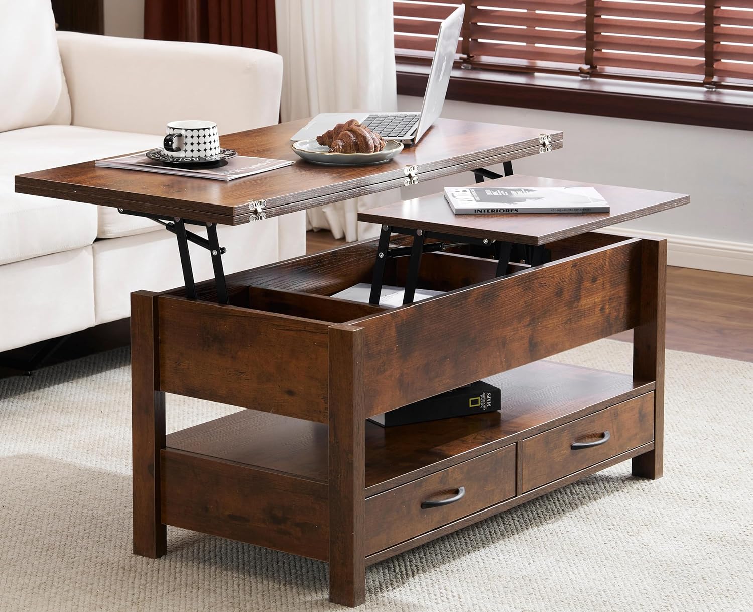ローテーブル 昇降式 木製 コーヒーテーブル 引き出し付き 収納付き