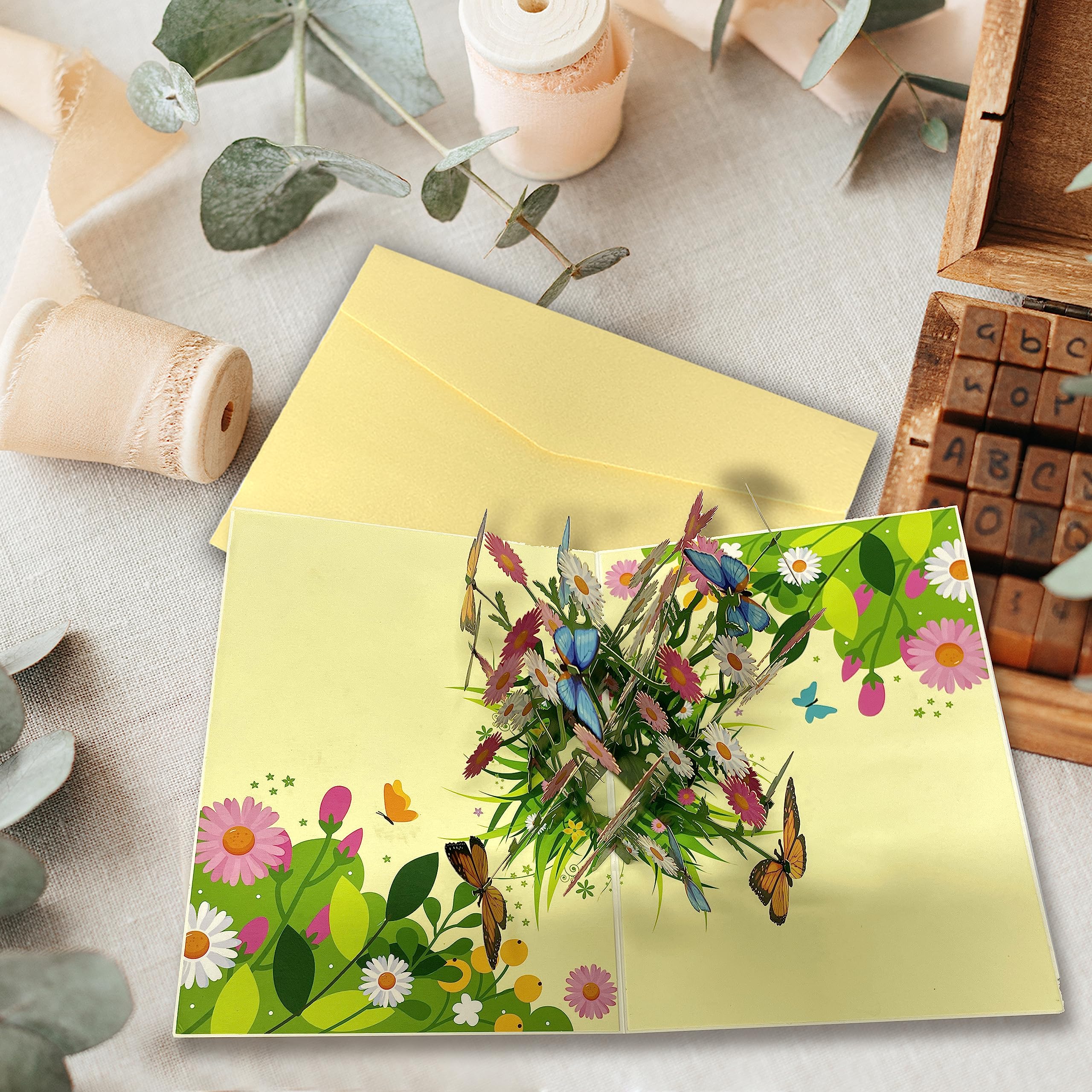 Blumen Popup Karte Lasergeschnitten RIZOSI 3D Pop-Up Karte Schmetterling Garten - Handgemachte Grußkarte 15x20 Cm Für Muttertag & Geburtstag Handgemachte Karte