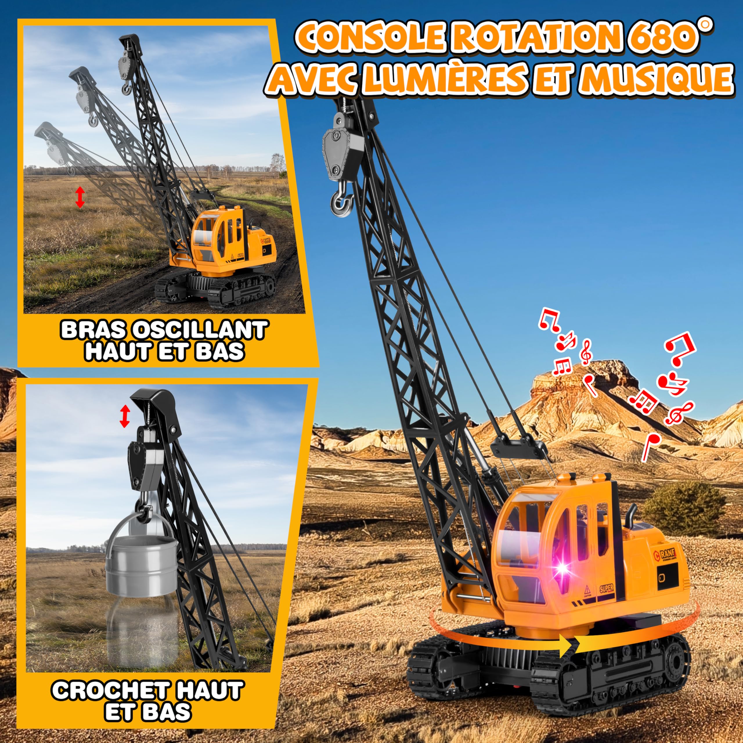 Joellfuner 1:14 Super Grande Grue Telecommandée, Grue Enfant 2,4G avec Lumières et Sons Réalistes, JouetGrue avec 2 Accessoires, Cadeau pour Enfants de 3 à 12 Ans (Très Grand)
