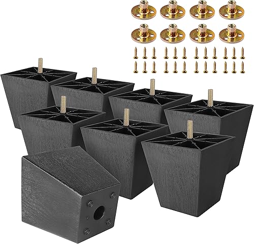 Pernos de rosca métrica M8-1.25, patas de plástico para muebles, patas de sofá cuadradas negras de 4 pulgadas con tuercas de placa, reemplazo de