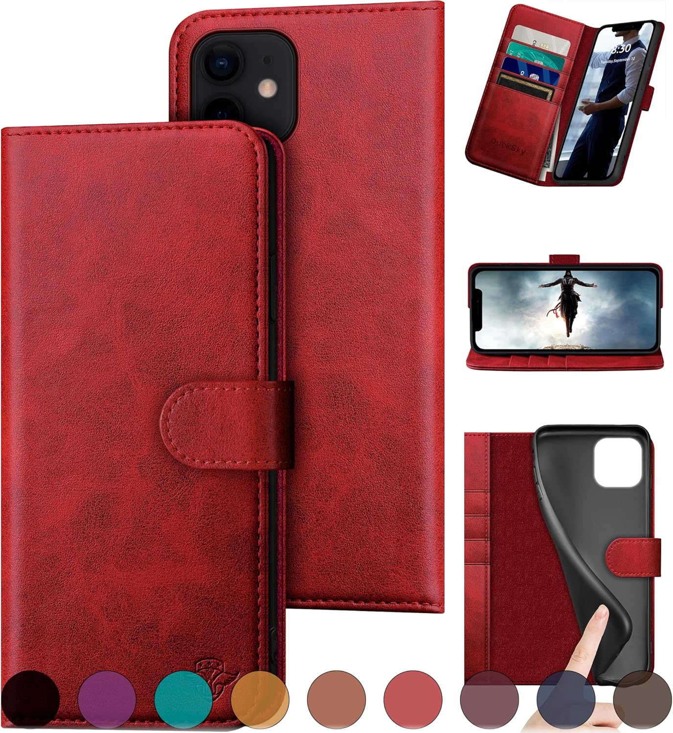 DuckSky for iPhone 11 Genuine Leather Wallet case 【RFID Blocking】【4 Credit Card Holder】【Real Leather】 Flip Folio Book Phone case Protective Cover Women Men for iPhone 11 case Red