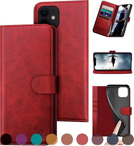 DuckSky for iPhone 11 Genuine Leather Wallet case 【RFID Blocking】【4 Credit Card Holder】【Real Leather】 Flip Folio Book Phone case Protective Cover Women Men for iPhone 11 case Red