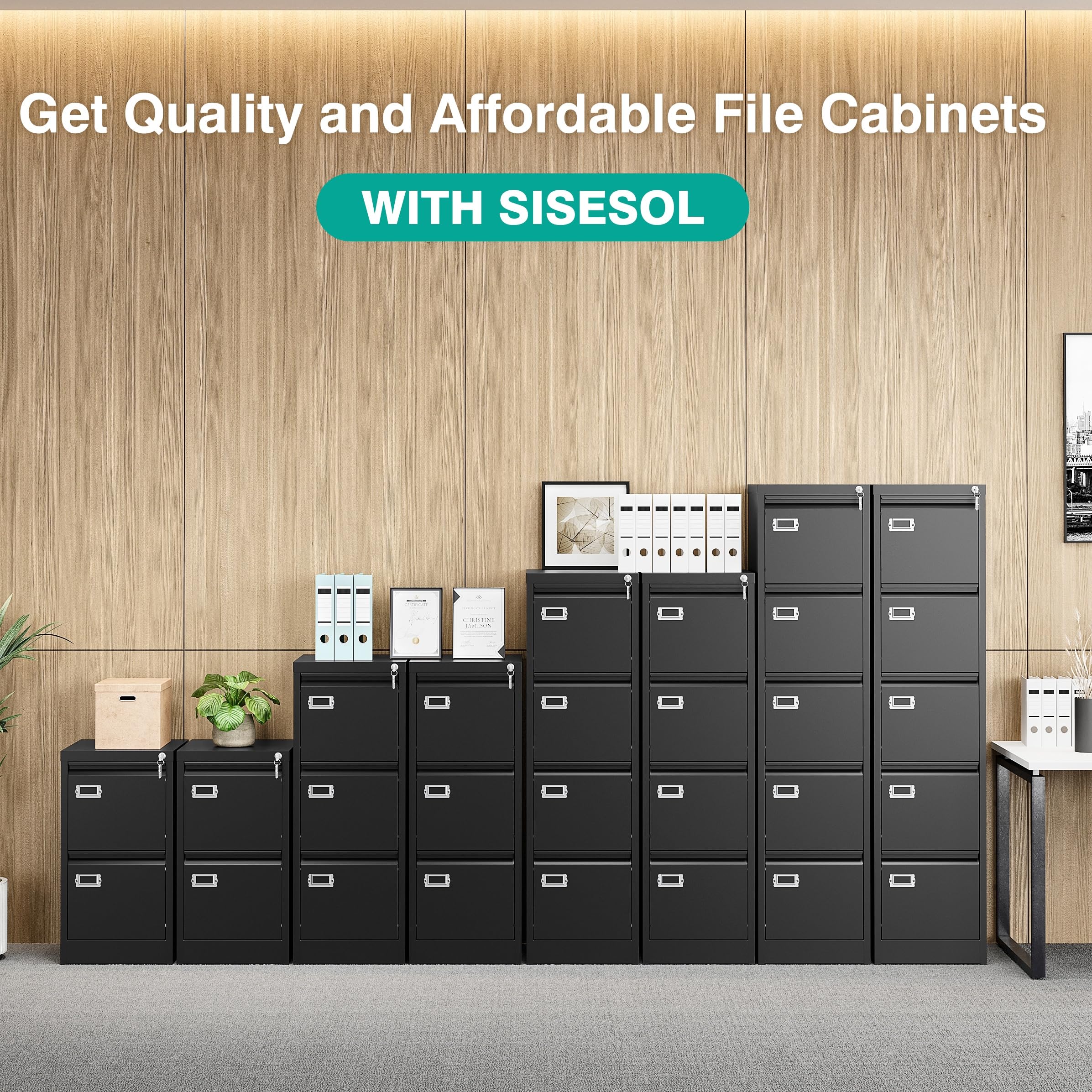 SISESOL 2 Drawer File Cabinet with Lock,Narrow Vertical Filing Cabinet,Under Desk File Cabinets,Black Metal File Cabinets for Home Office,Fit Letter Size,Files Folder,Easy Assemble