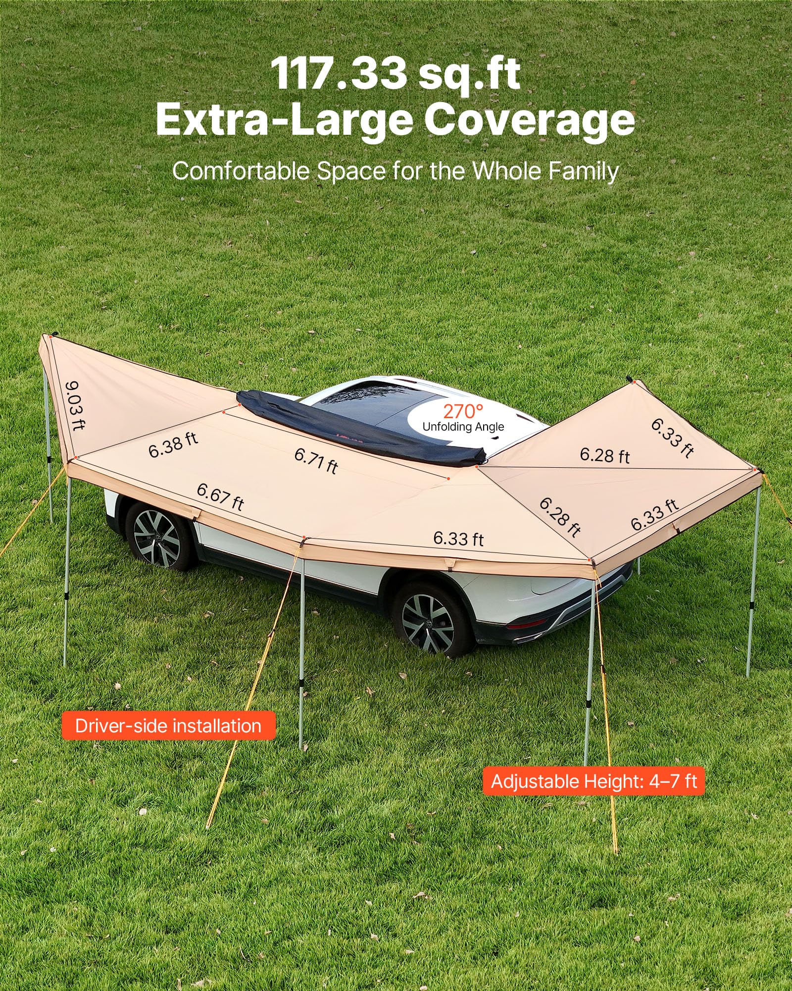 VEVOR Markise Auto, 5,7x3,87x2,1 m, 270°-Markise mit integrierten LED-Leuchten, Sonnensegel, UV50+, freistehende Allwetter-Automarkise, Sonnenunterkunft für SUV & LKW, ideal für Camping