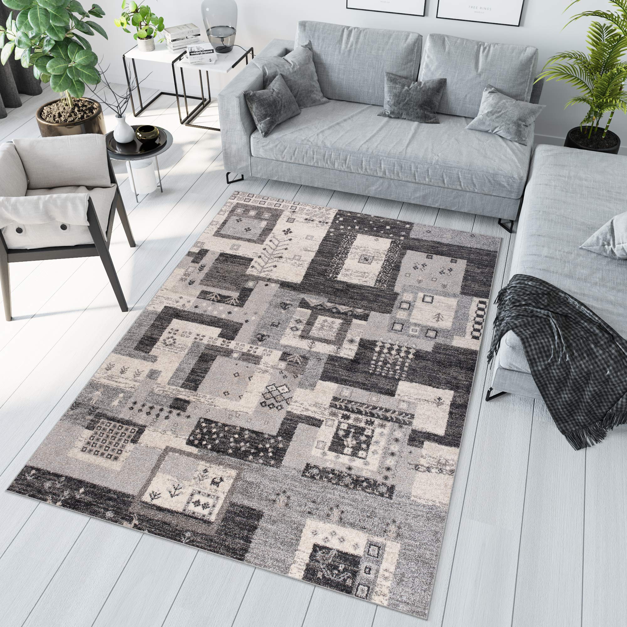Tapiso Sari dywan z krótkim włosiem, nowoczesny, kwadratowy, paski, szary, kremowy, wielokolorowy, melanż, do salonu, sypialni, Ökotex 120 x 170 cm