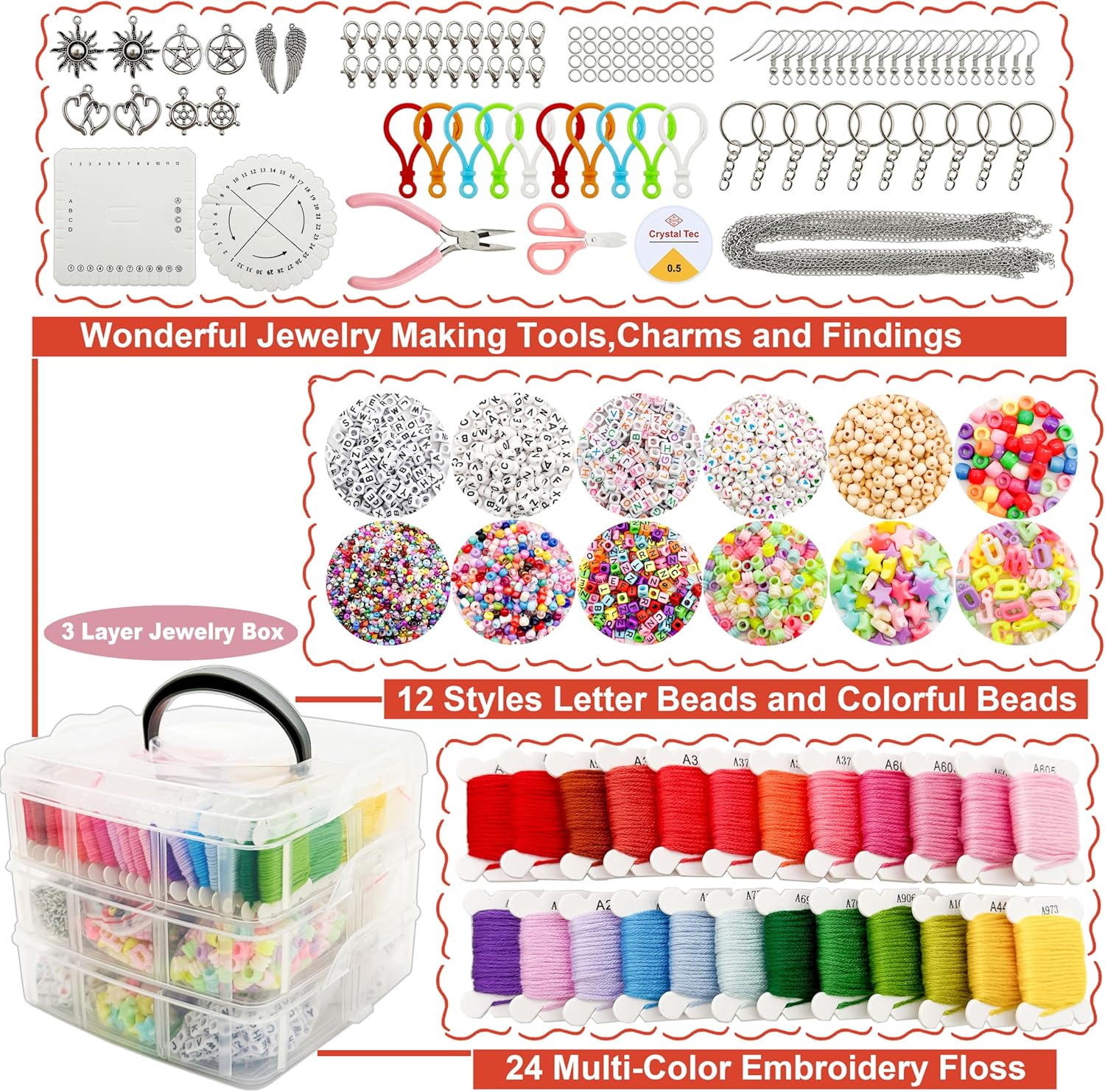 JINNBEY 4655 Pcs Jewelry Making Kits, DIY Bracelet Necklace Portable Three-Layer Spacer Box - Includes 24 Color Cotton Thread & Letter Bead & Tools, The Gift Set for Handicraft Enthusiasts - Image 2