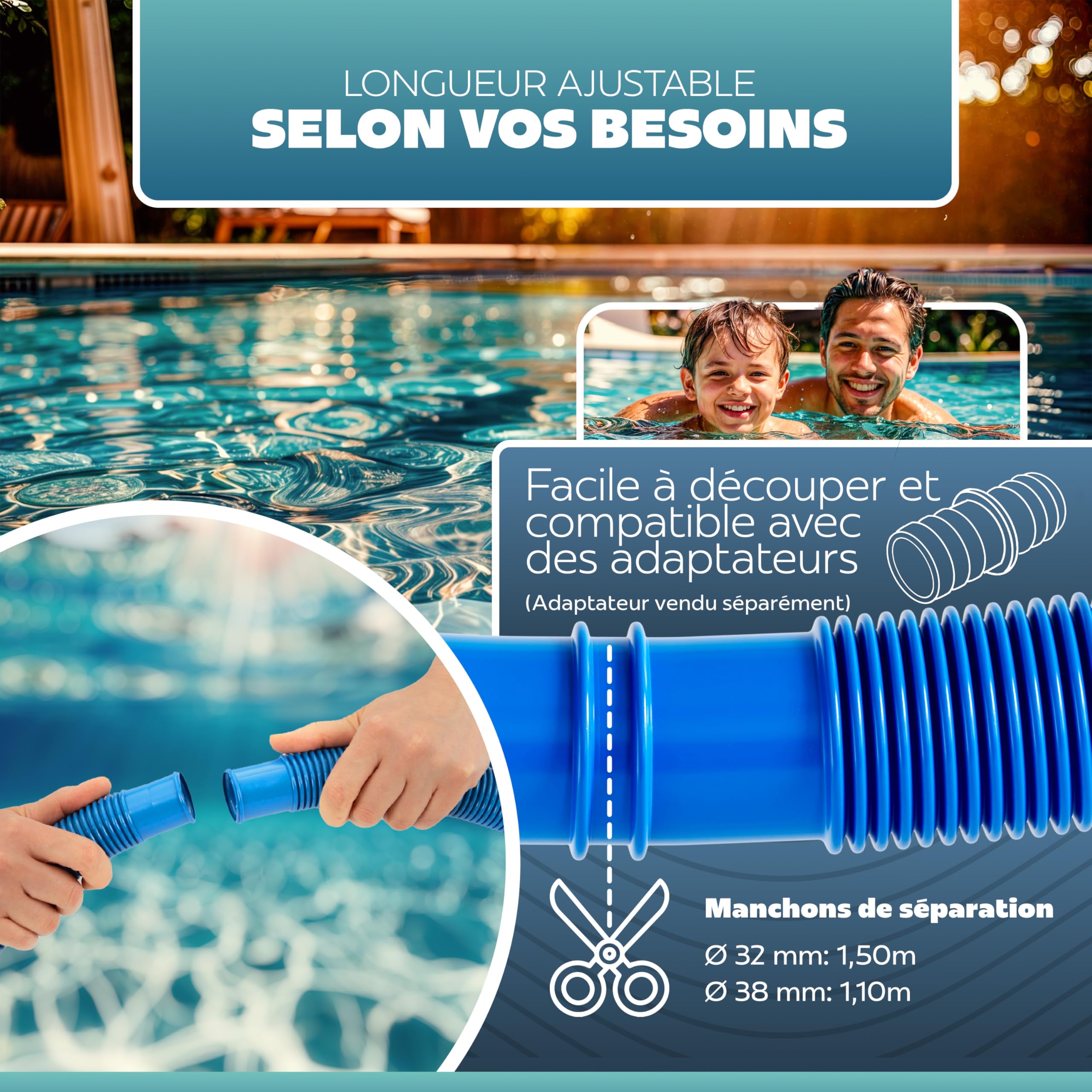 poolomio tuyau de piscine Ø38 mm / 6 m pour pompe de filtration, tuyaux flexible de qualité, résistant aux rayons UV et au chlore, made in Europe, bleu
