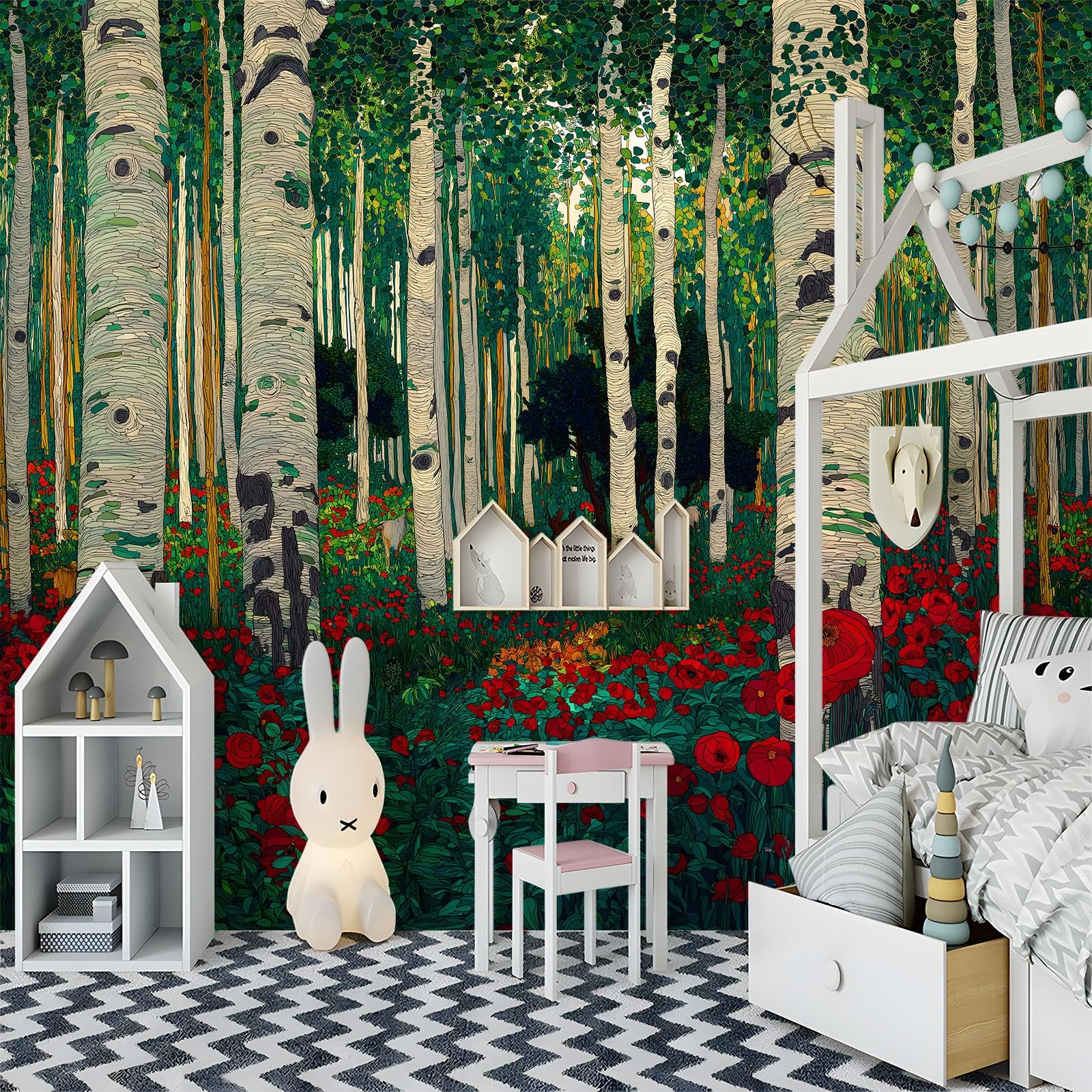 Malowidła ścienne, obraz olejny, geometryczny las brzozowy, mak, włóknina, fototapeta, wielokolorowa fototapeta dekoracyjna do salonu, sypialni, łazienki, fototapeta, 350 x 256 cm (szer. x wys.)