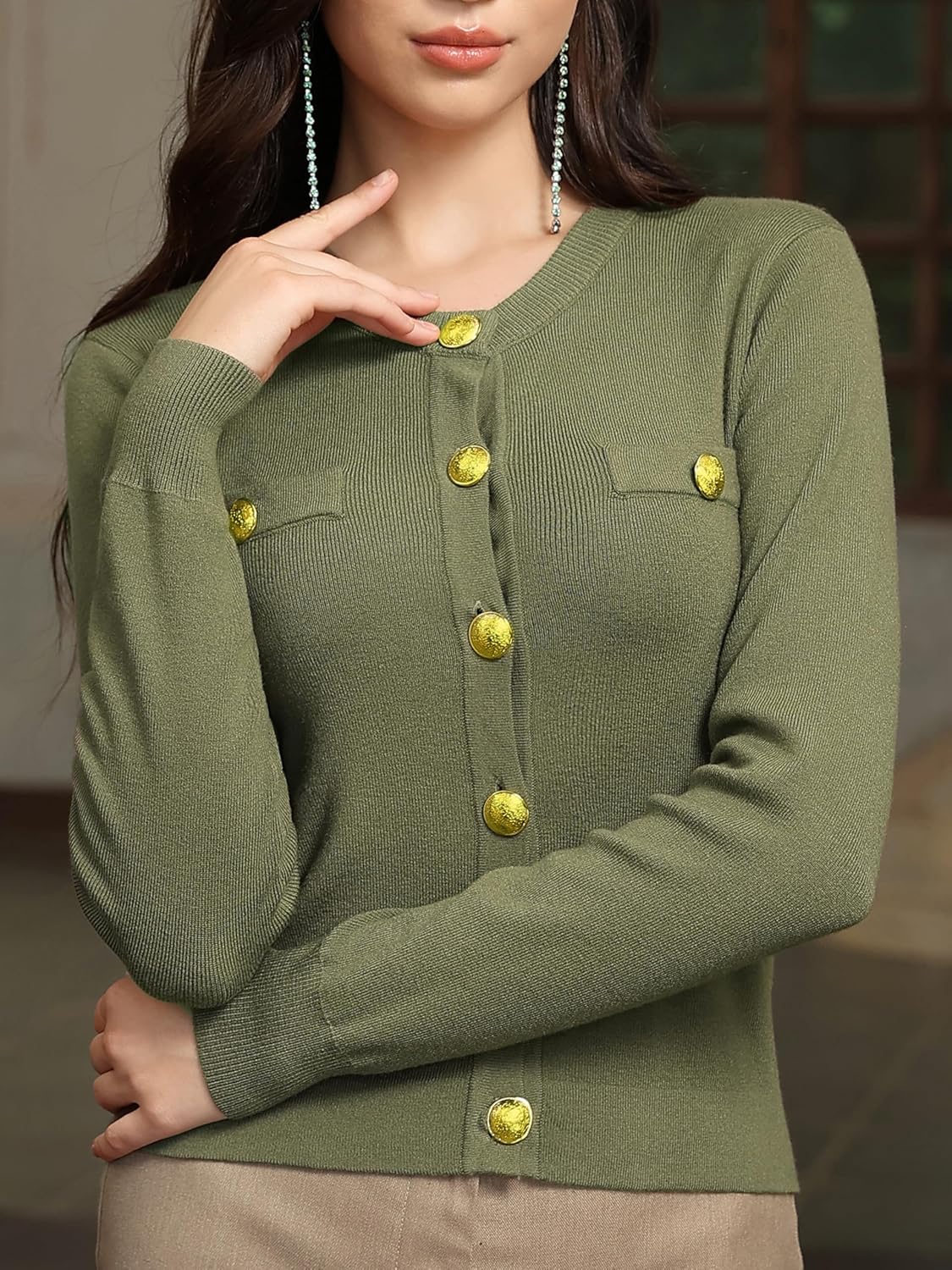 M.Infisavo Women’s Cropped Cardigan Sweater Shirts, Fall Knit Button Down Jacket Open Front Crewneck Long Sleeve Outerwear - Image 2