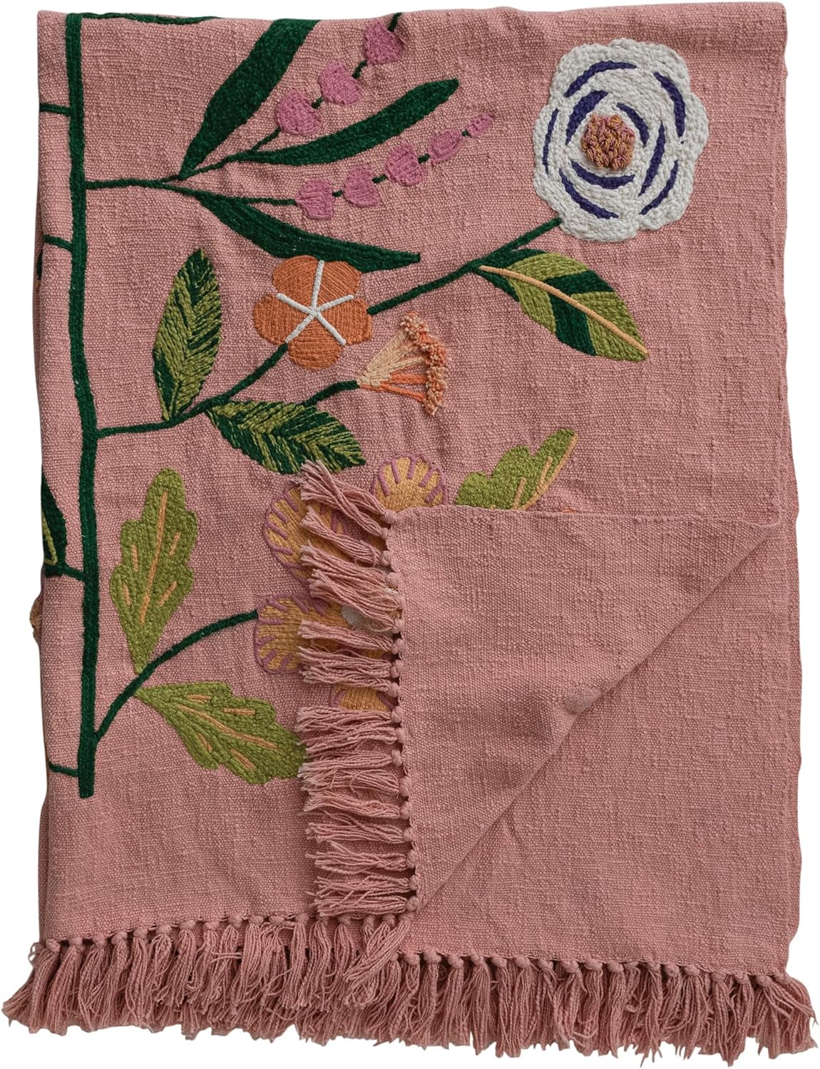 Creative Co-Op Woven Cotton Throw with Embroidered Flowers and Fringe, Multicolor