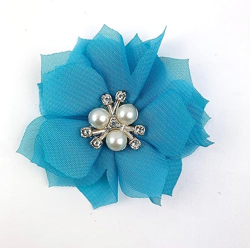 Miniatura 7 de Heyiwell 15 lazos de flores de tela de gasa, cuentas de diamantes de imitación, centro de racimo para bricolaje, clip para el cabello, apliques de