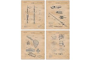 4 Pack Vintage Fishing Patent Wall Art Prints, 8"X10" Unframed Rustic Fishing...