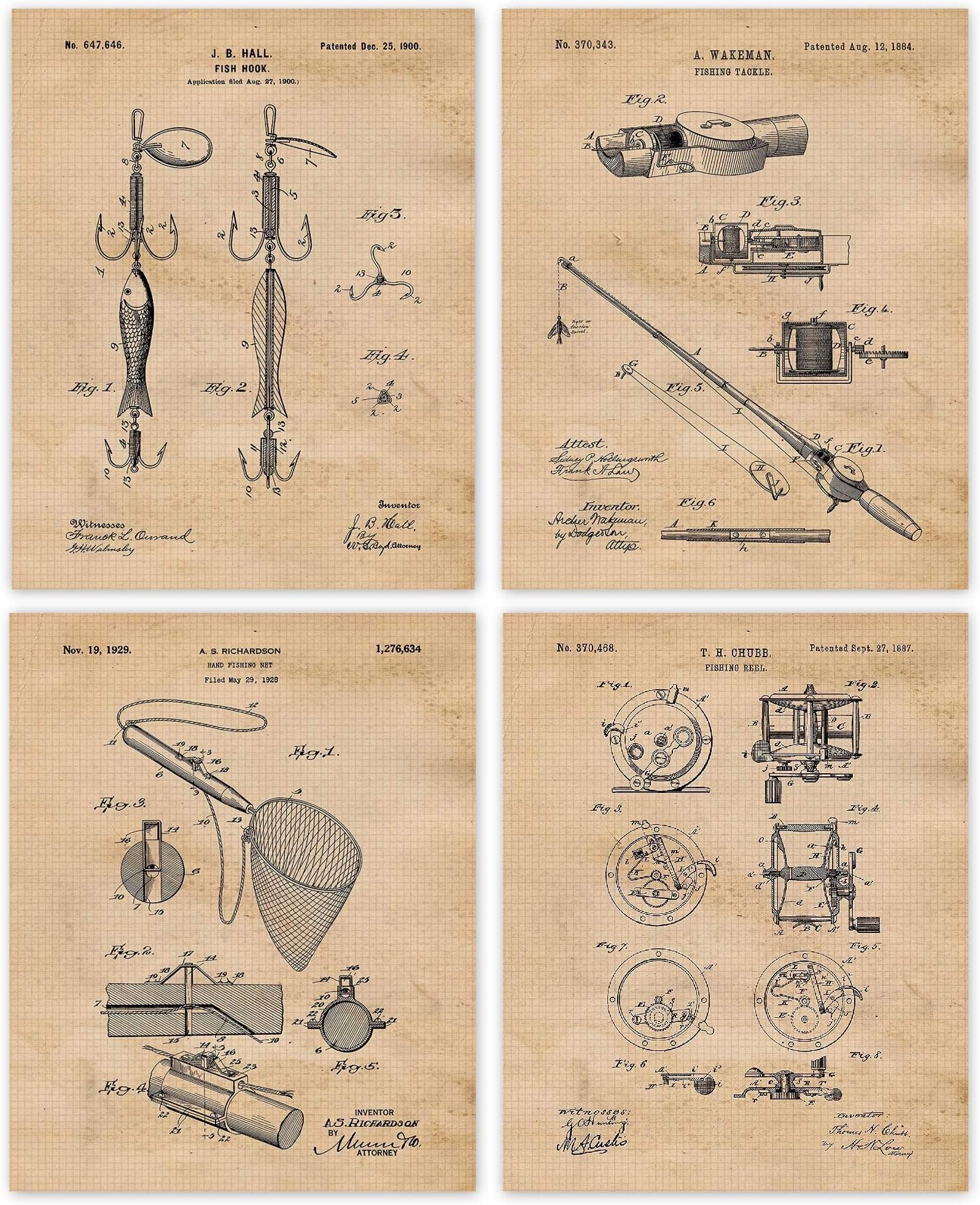 Classic Fishing Patent Prints, 4 (8x10) Unframed Photos, Wall Art Decor Gift Beach Lake Home Office Work Gears Garage Lake Bass Tackle Rods Reels Shop Man Cave School Student Teacher Coach Boat Fan
