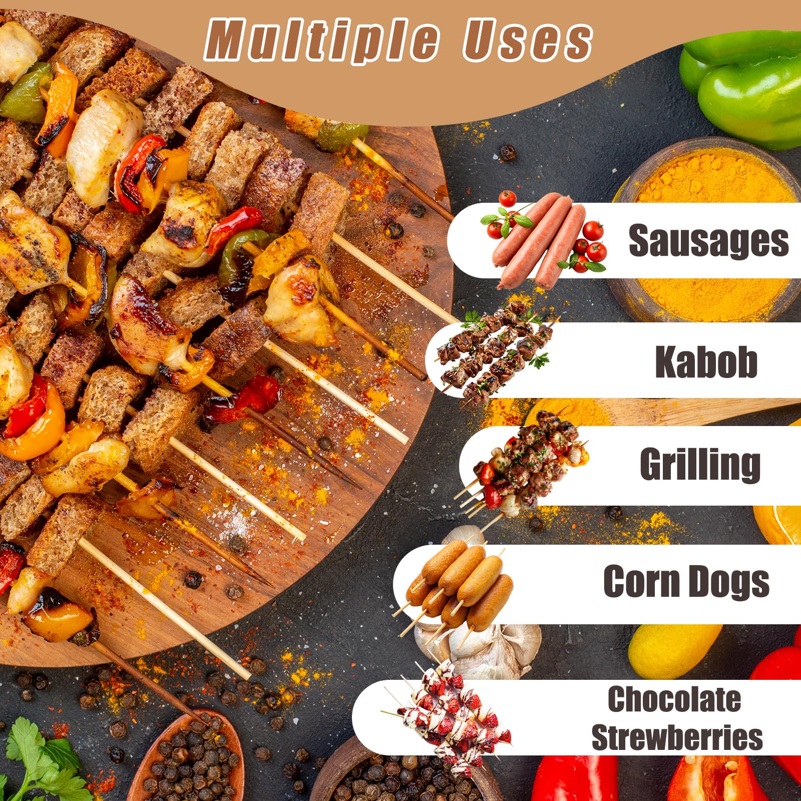 300 spiedini in bambù da 40,6 cm, spessi 4 mm, per marshmallow, barbecue, smores, marshmallow, cioccolato, fontana, piante, paletti e creazioni artigianali