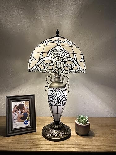 Tiffany - Lámpara de mesa blanca con pantalla y base de vitral, estilo barroco, bombillas LED color lavanda incluidas para sala de estar,