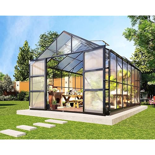 AMERLIFE 10'×14'×8.4' Outdoor Polycarbonate Greenhouse, Heavy-Duty Aluminum Frame Garden Greenhouse with 4 Roof Vents, Rain Gutters & Lockable Door, Fit for Backyard Garden, Black