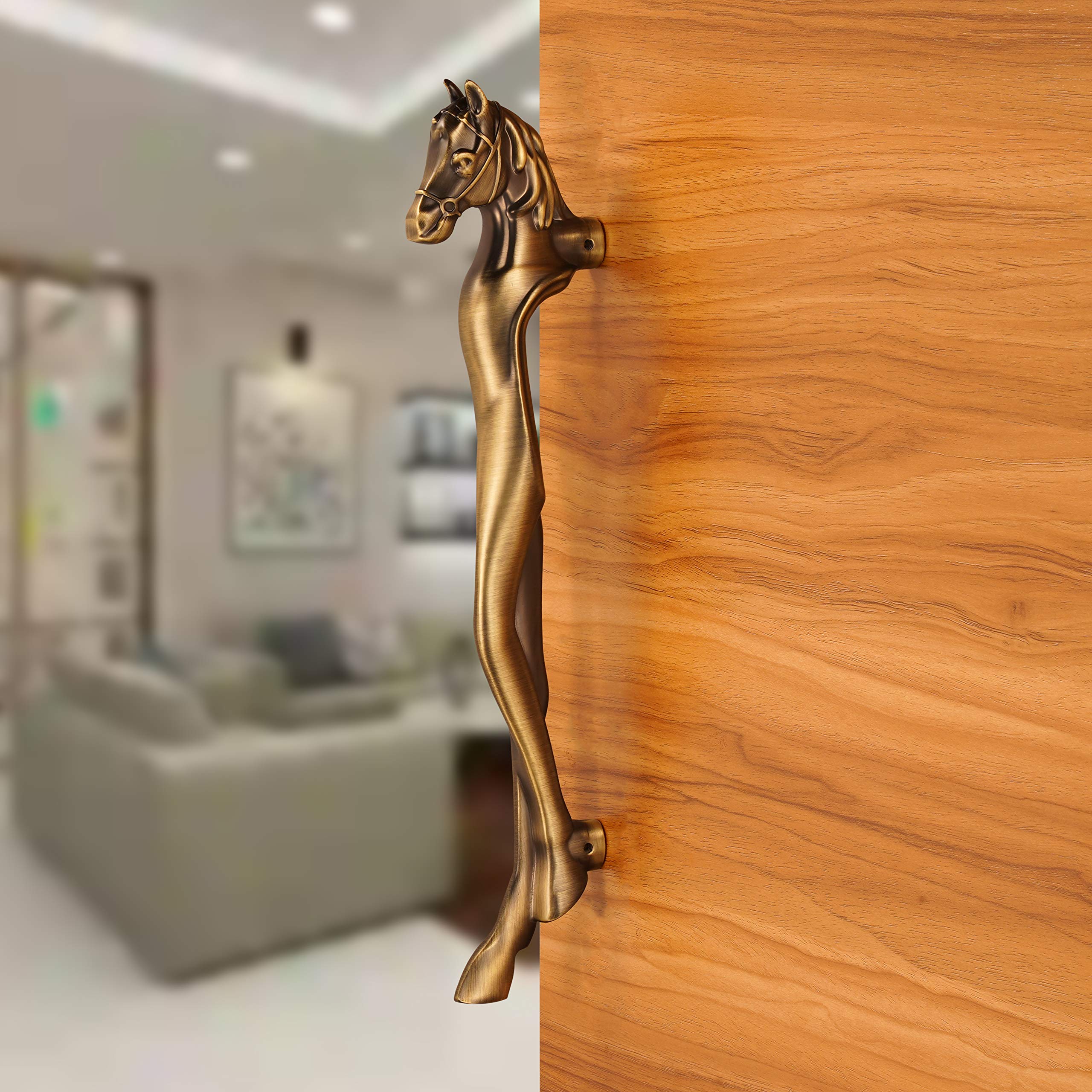 AmiLuv_Collections - Tirador de aluminio con forma de caballo para puerta principal, decoración del hogar, tirador de puerta de cristal, accesorios para puerta (8 pulgadas, paquete de 1, acabado