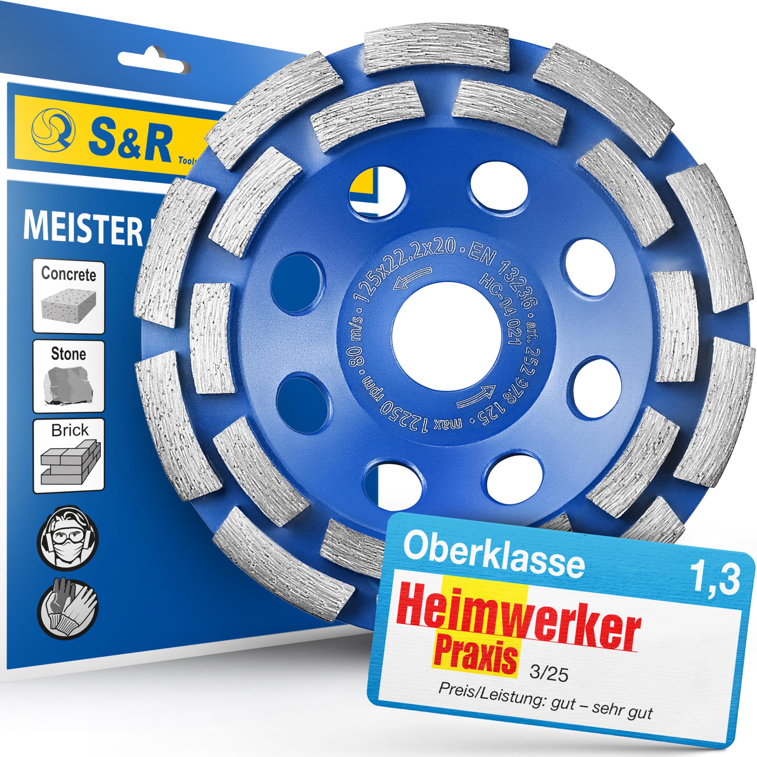 S&R Diamant-Schleiftopf 125 x 22,23 mm für Beton, Granit, Naturstein, Stein, Mauerwerk, trockener Fliesenkleber, Estrich, 2-reihig, verbesserte Segment-Formel, Winkelschleifer Schleifscheibe