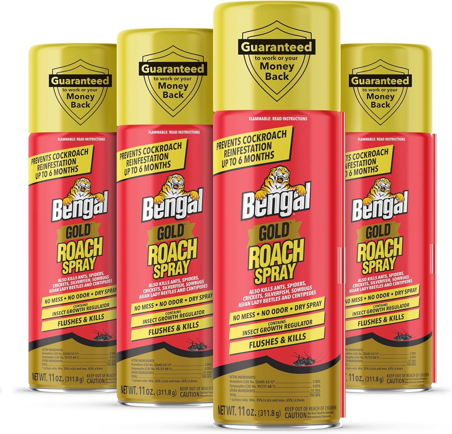Bengal Gold Roach Spray - Odorless, Stain-Free Bug Spray for Home - Prevents Reinfestation for Up to 6 Months - 11 oz, 4 Pack