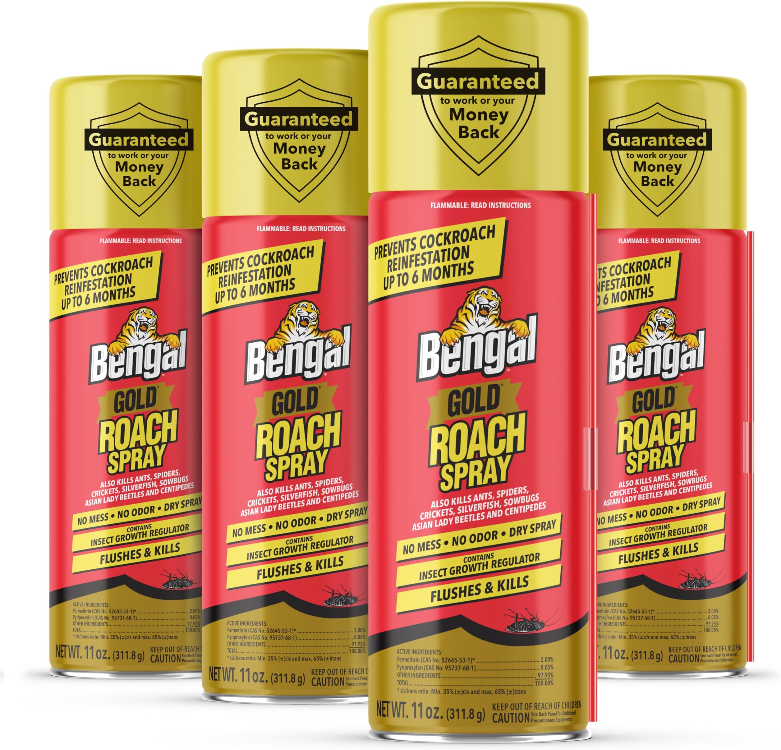 Gold Roach Spray - Odorless, Stain-Free Bug Spray for Home - Prevents Reinfestation for Up to 6 Months - 11 oz​, 4 Pack