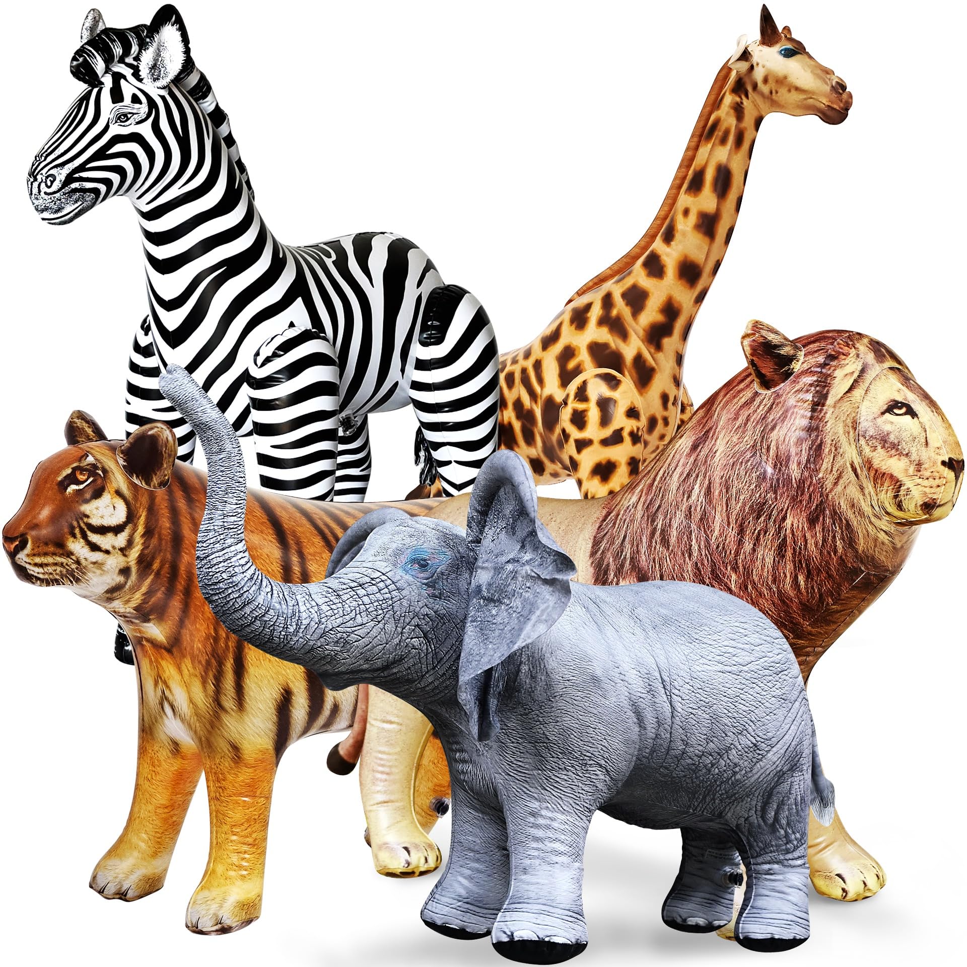 Jet Creations Wildlife Safari Inflatable Animals 5-Pack – Giraffe 36", Zebra 32", Elephant 19", Lion 24", Tiger 20" – Jungle Party, Birthday, VBS, Fall & Halloween Decorations, Photo Props, Ages 3+