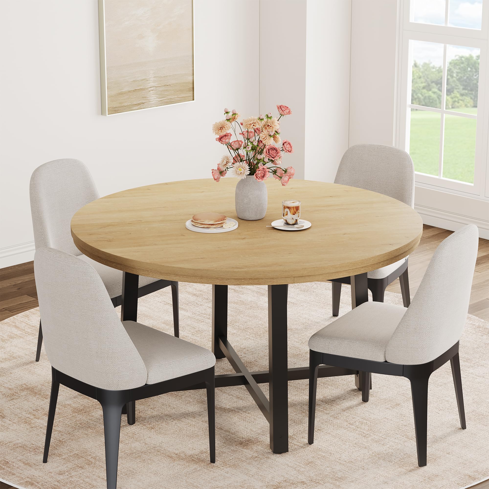 Aptliton 120 cm Round Dining Table, Industrial Dinner Table for 4 to 6, Wooden Kitchen Table with Sturdy Metal Frame & Rustic Brown Finish, Circle Kitchen Table for Dining Room, Kitchen （No Chairs）