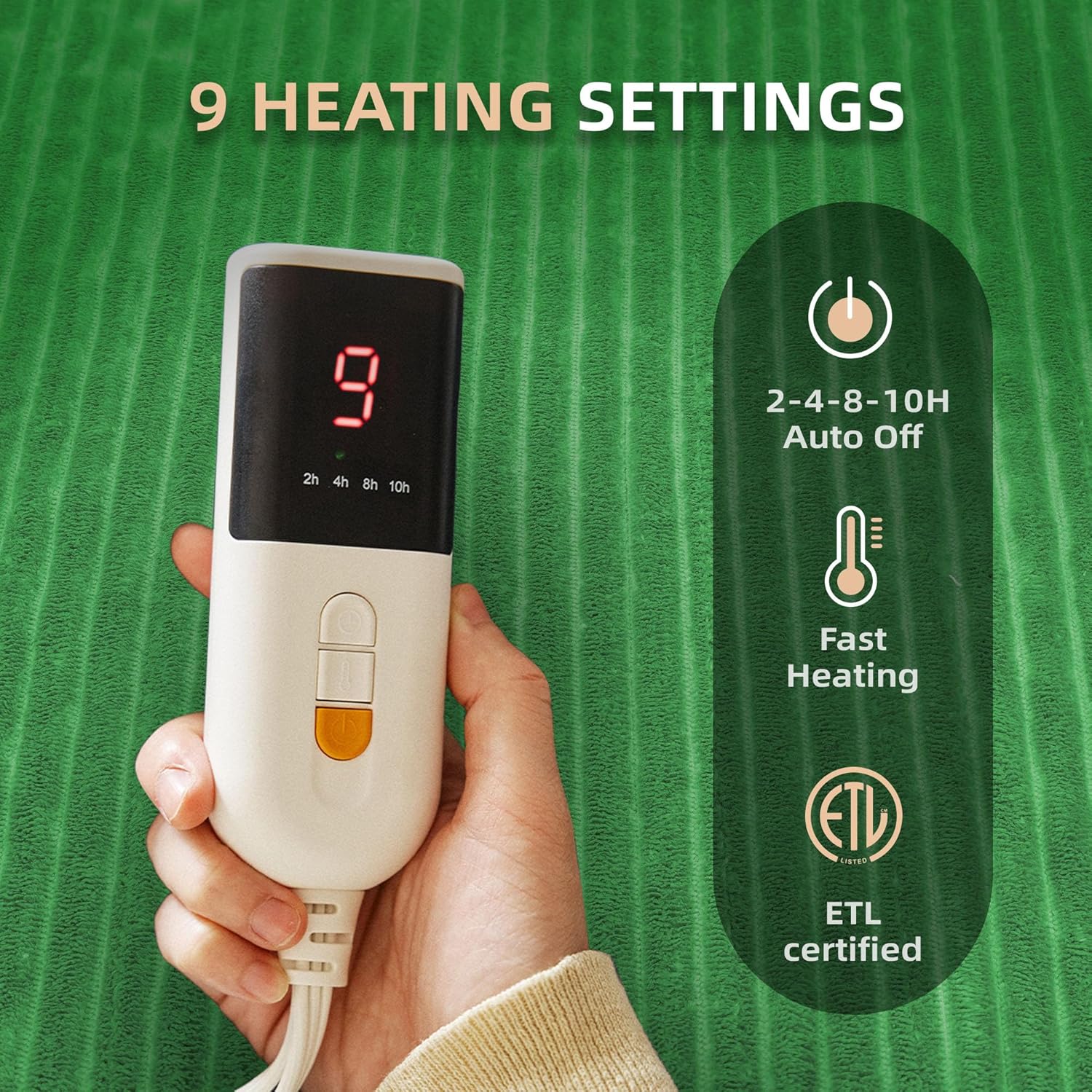 JET'S HOME Heated Blanket 50"x60" - ETL Certified Flannel Electric Blanket Throw Machine Washable Heating Throw with 9 Heating Levels 10 Hours Adjustable Auto-Off (Grove Green) - Image 2