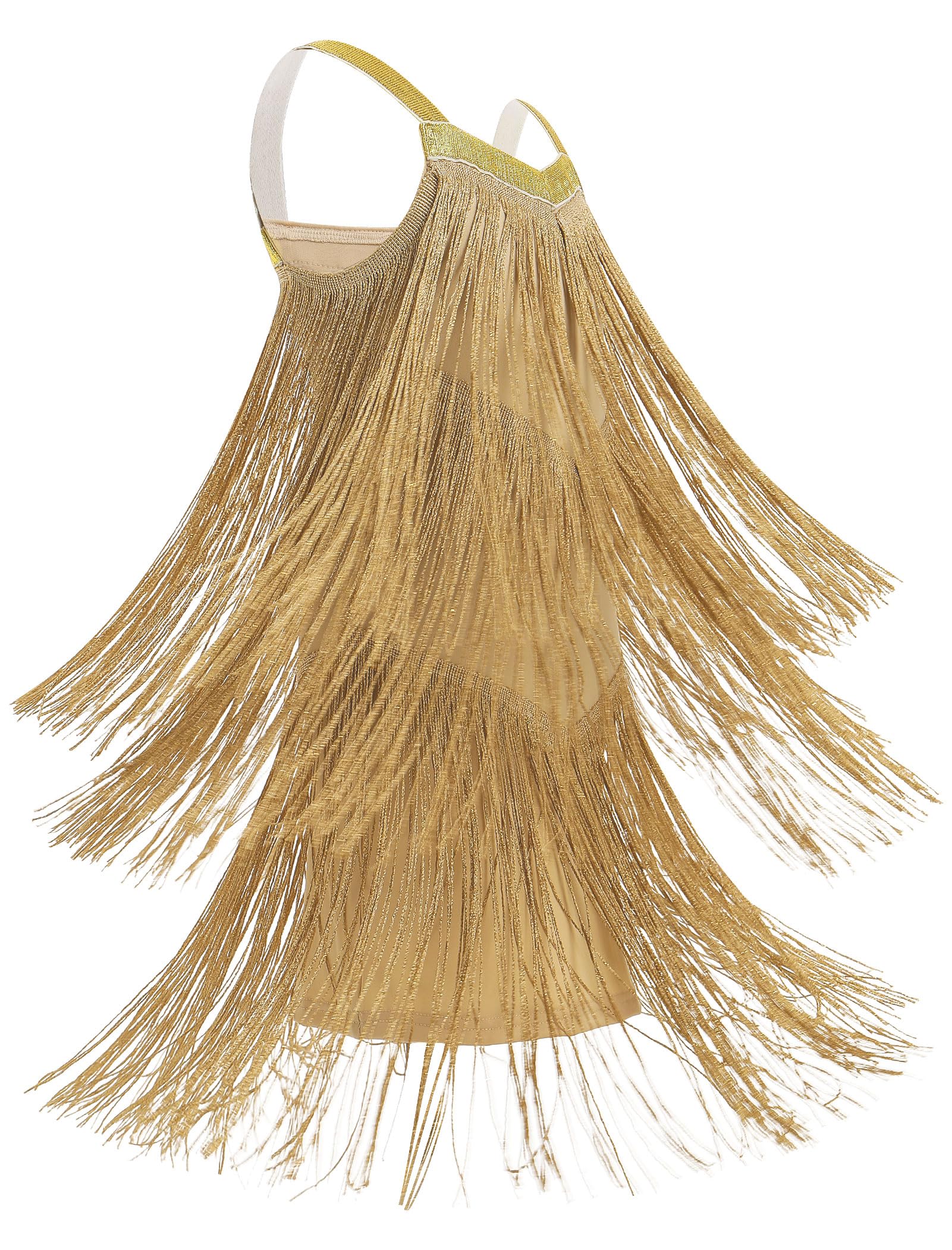 FYMNSI Kids Girls Flapper Dress Sparkly Sleeveless Sequins Tassel Fringe Twirly Dress Wide Straps Backless 1920s Disco Party Jazze Latin Dance Outfits Salsa Dancewear Halloween Costume Gold 10-11T