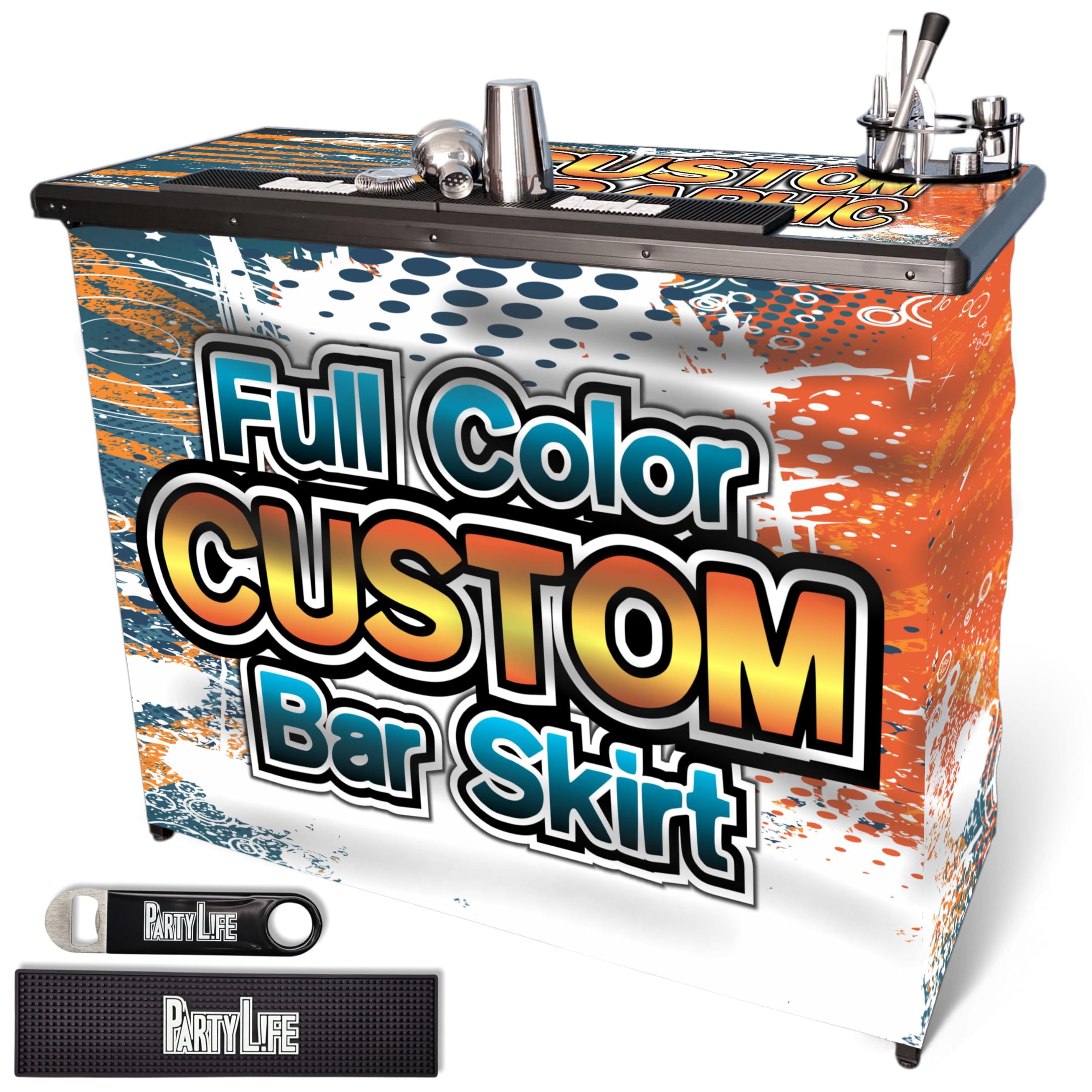 PartyLife Custom 48" Premium Portable Bar Table w/Folding Legs, Black Fabric Bar Skirt, 2 Storage Shelves &amp; 2 Carrying Bags | Commercial Grade | Strong &amp; Sturdy
