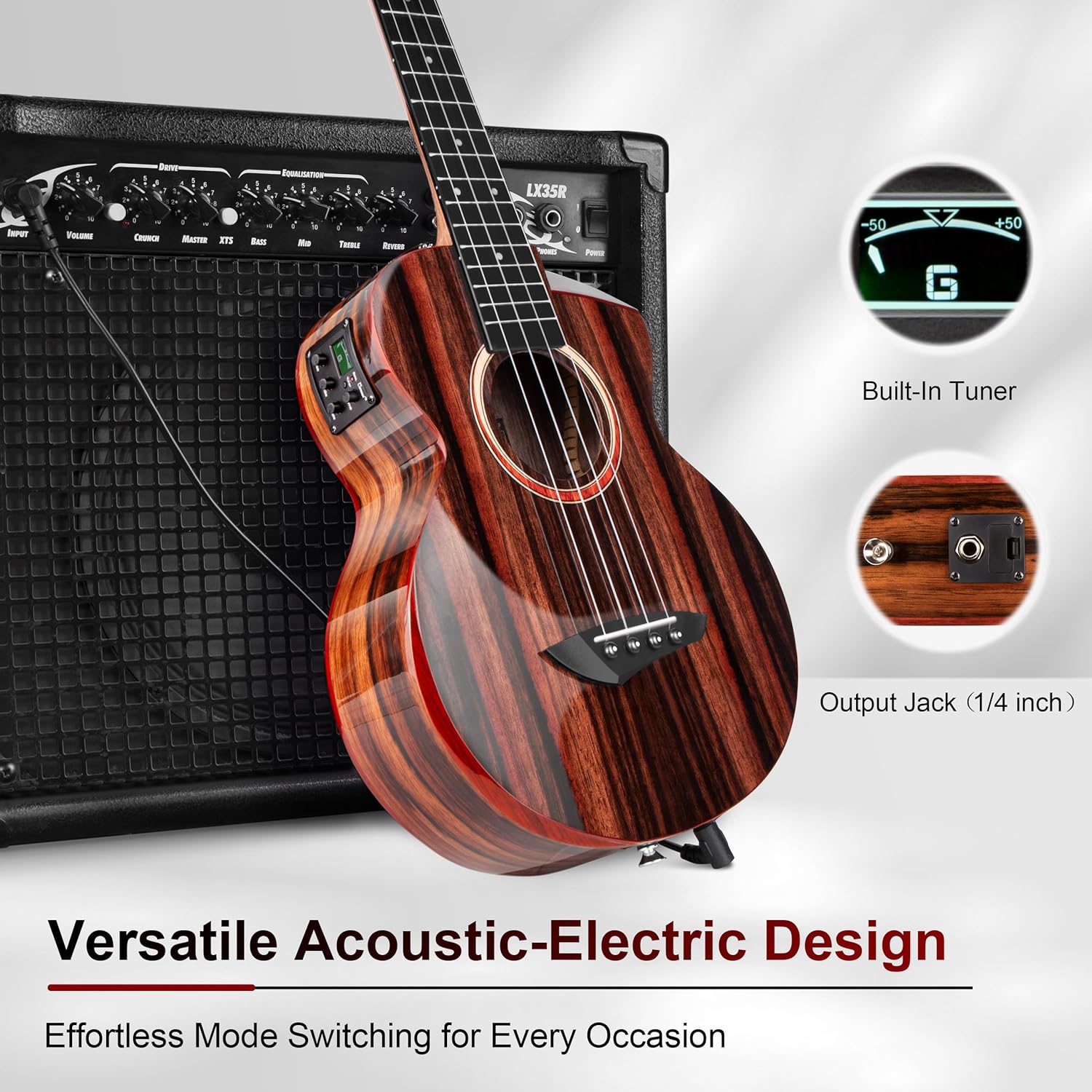 Caramel TEG91 Cutaway Ebony Glossy Tenor Acoustic & Electric Ukulele with Armrest | 26-inch Handmade Professional Ukelele Kit with Accessories