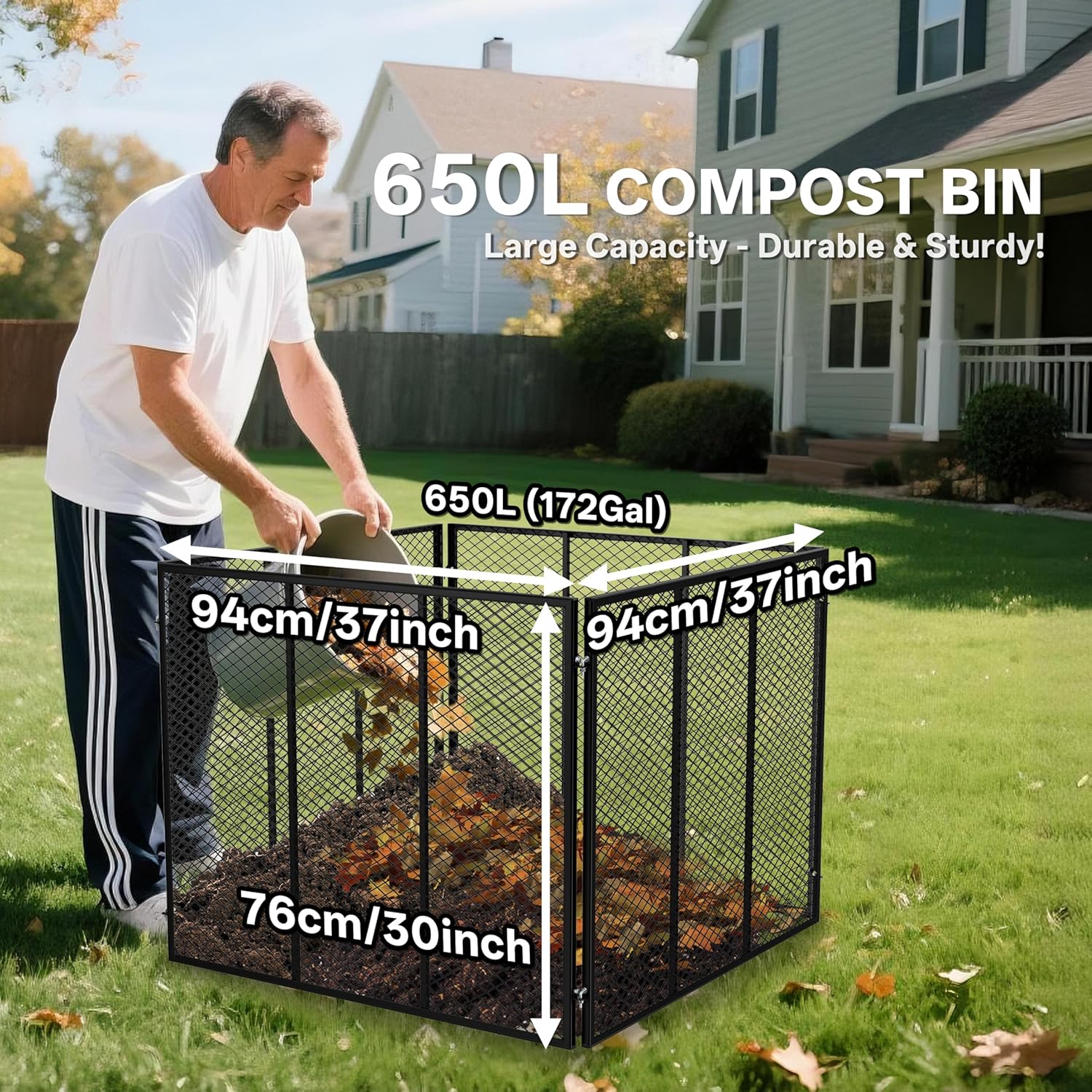 Large Compost Bin, 172 Gallon Metal Wire Mesh Composter for Outdoor, Waterproof Composting Bin with Rust-Proof Coating, Easy Assembly Compost Bin for Garden, Yard, Kitchen Waste, Leaves, 37x37x30 in