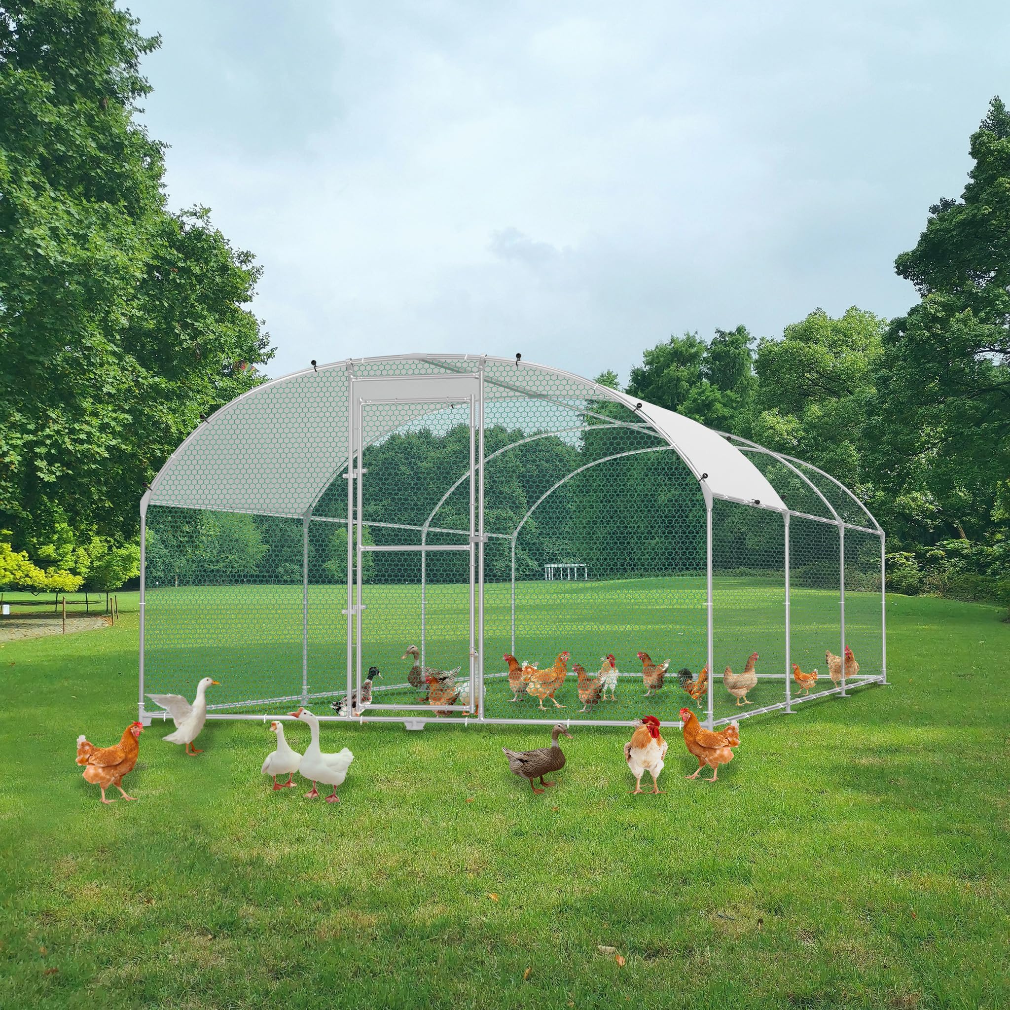 FIVMEN pollaio 3 x 6 m recinto esterno polli acciaio zincato, pollaio con arco, protezione solare, tetto, porta e palo, recinto di pollame stabile, gabbia di pollo, piccolo recinto per animali