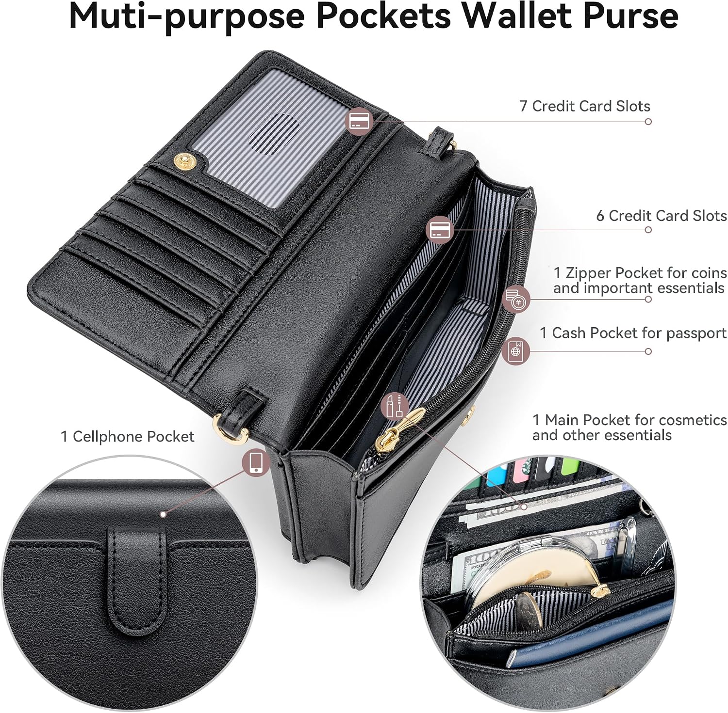 nuoku Women RFID Crossbody Bag Wallet Purse with Wristlet & Shoulder Strap image 3