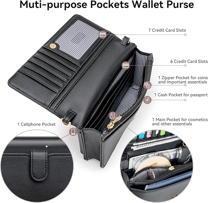 nuoku Women Small Crossbody Bag Cellphone Purse Wallet with RFID Card Slots 2 Straps Wristlet