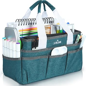 JJRING Craft Organizer Tote Bag Art Storage Caddy Bluish Green | With Multiple Pockets For Sewing, Scrapbooking, School, Medical, And Office Supplies