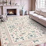 6x9 Non Slip Washable Area Rug Vintage Floral Print Boho Carpet for Living Room Bedroom Nursery Soft Low Pile Indoor Rug for Kids Room Home Decor Beige